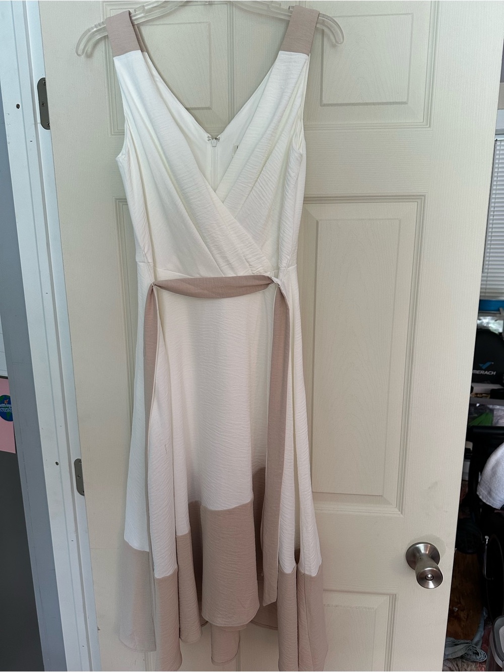 Harper White and Beige High-Low V-Neck Wrap Dress